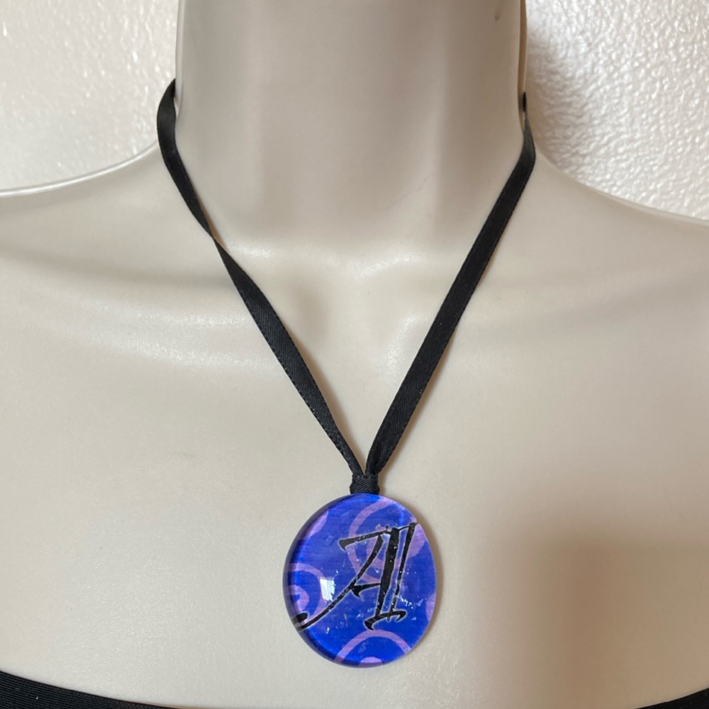 Letter A Initial Print Chunky Glass Pendant Ribbon Necklace
